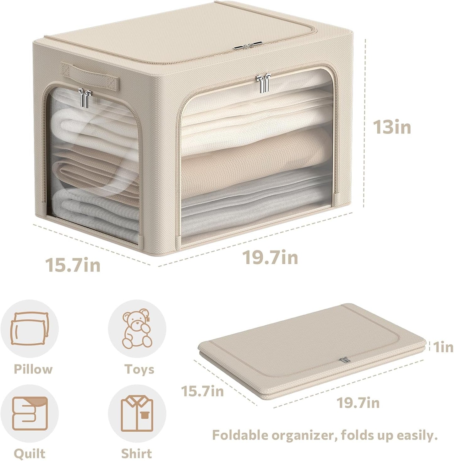 CYhom 3Pack Clothes Storage Bins - Oxford Frame Storage Box Foldable Stackable Storage Organizer with 3 Openings Design, Metal Frame, Clear Window, Carry Handles (66L-19.7 * 15.7 * 13, Beige)