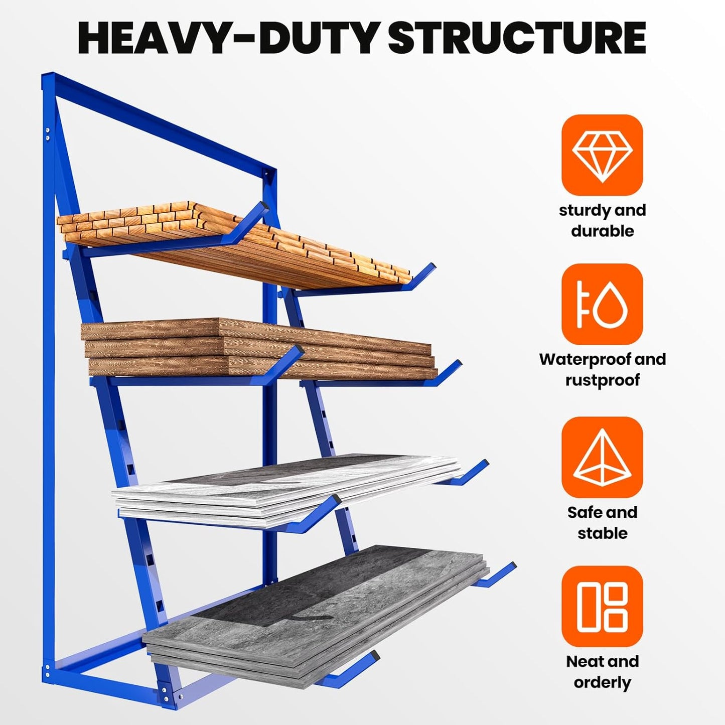 48x16x62'' Heavy Duty 4 Tiers Horizontal Lumber Storage Rack, 2400lbs Load Alloy Steel Lumber Pipe Organizer Shelf, Adjustable Bar Storage Cantilever Rack for Garage Workshop, Woodworking Shop