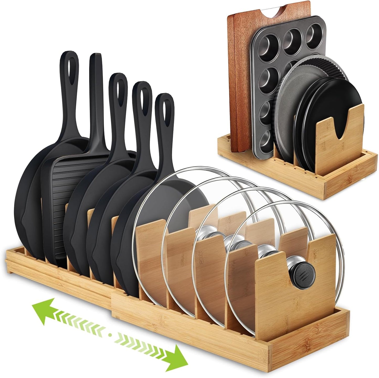 Pots and Pans Organizer under Cabinet - Bamboo Expandable Pot Lid Organizer, Adjustable Bakeware and Cutting Board Organizers, Pot Lid Holder Rack for Kitchen Organizers and Storage