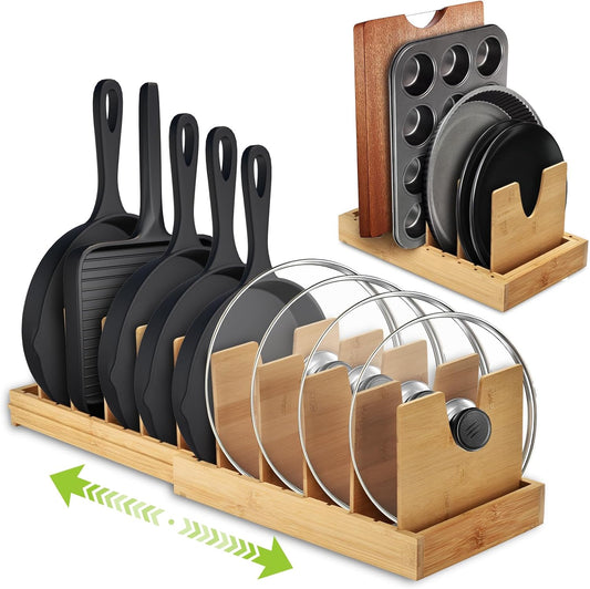 Pots and Pans Organizer under Cabinet - Bamboo Expandable Pot Lid Organizer, Adjustable Bakeware and Cutting Board Organizers, Pot Lid Holder Rack for Kitchen Organizers and Storage