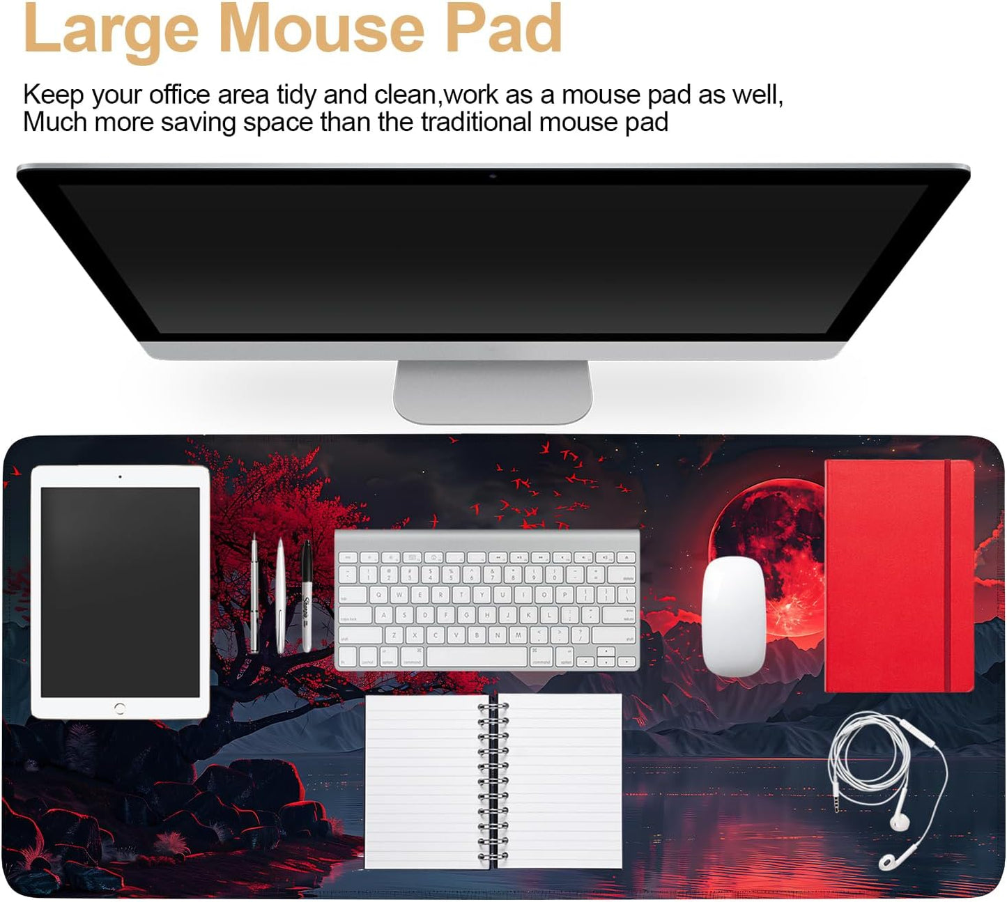 Large Mouse Pad, Red Moon Landscape Desk Mat, Extended Gaming Mouse Pad with Non-Slip Rubber Base, Thick 3mm Smooth Surface Keyboard Mat for Office & Home,35.5 x 15.8 in