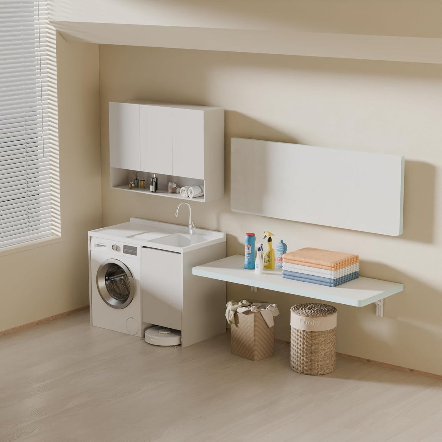 IAE Wall Mounted Folding Table with Pine Wood,36" x 14" Floating Wall Desk,Laundry Folding Table with Shelf Brackets,Fold Down Desk Shelf,Folding Workbench for Home,Dining,Laundry Room,Kitchen,White