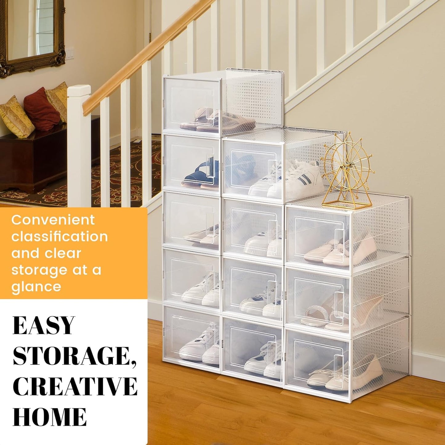 Shoe Boxes, Stack Without Toppling Modular storage boxes combine freely for use in closets, under beds, hallways, and entryways. Space-saving. (Transparent, 12 Pack)