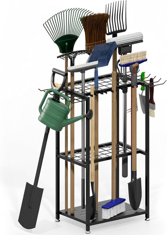 Garden Tool Organizer, 3-Tier Metal Yard Tool Rack with 14 Hooks & 5 Slots, Holds 50+ Rakes/Shovels/Brooms, Heavy Duty Freestanding Lawn Tool Storage for Garage Shed Outdoor Organization