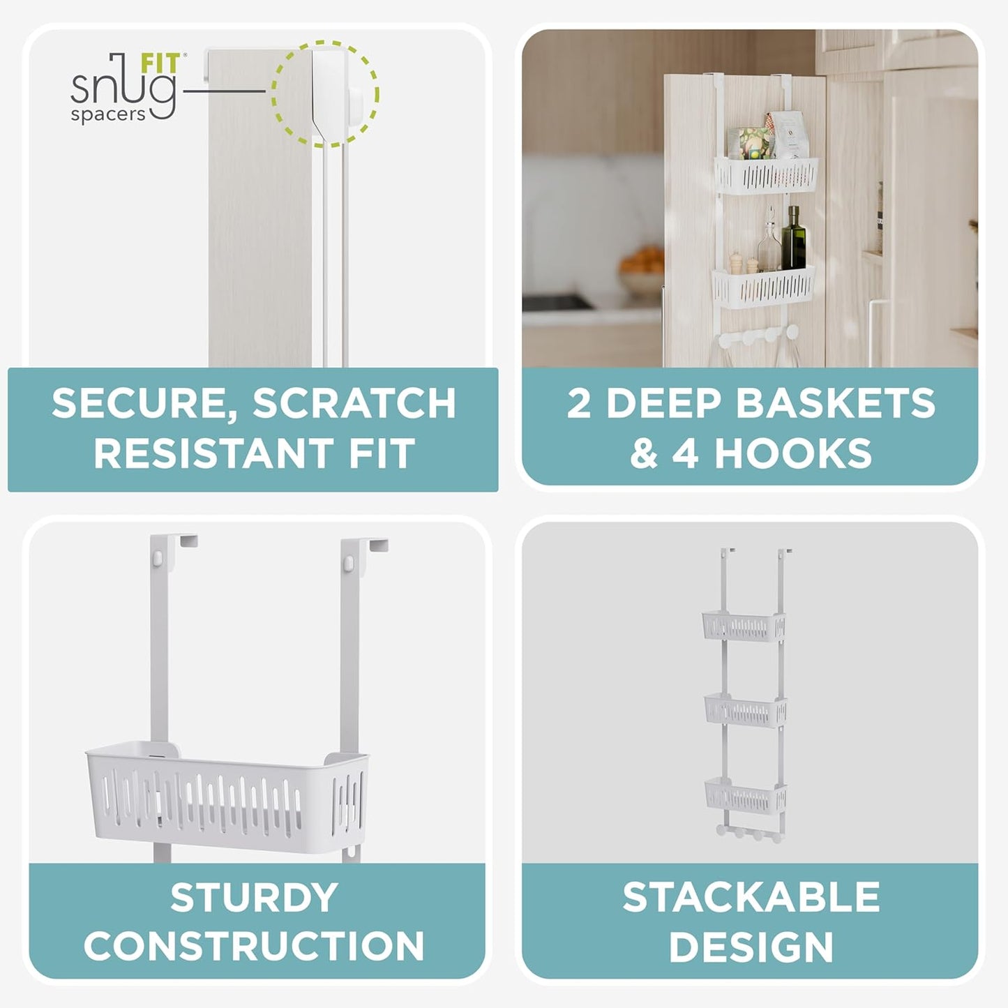 Zenna Home SnugFit Over the Door Caddy Organizer with 2 Storage Baskets and 4 Hooks, Over Door Hanging Organizer for Bathroom, Kitchen, Bedroom, Closet, Easy to Install, No Drilling, White