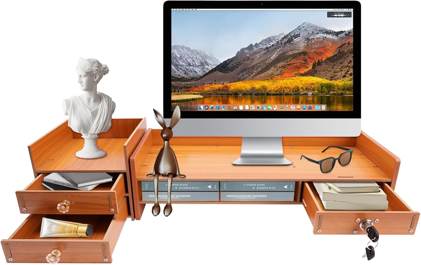 Wood Monitor Stand Riser with 3 Drawers & Lockable Storage – Desktop Organizer for Computer, Laptop, and Office Supplies, Ergonomic Monitor Stand for Desk, Workspace Organizers & Accessories