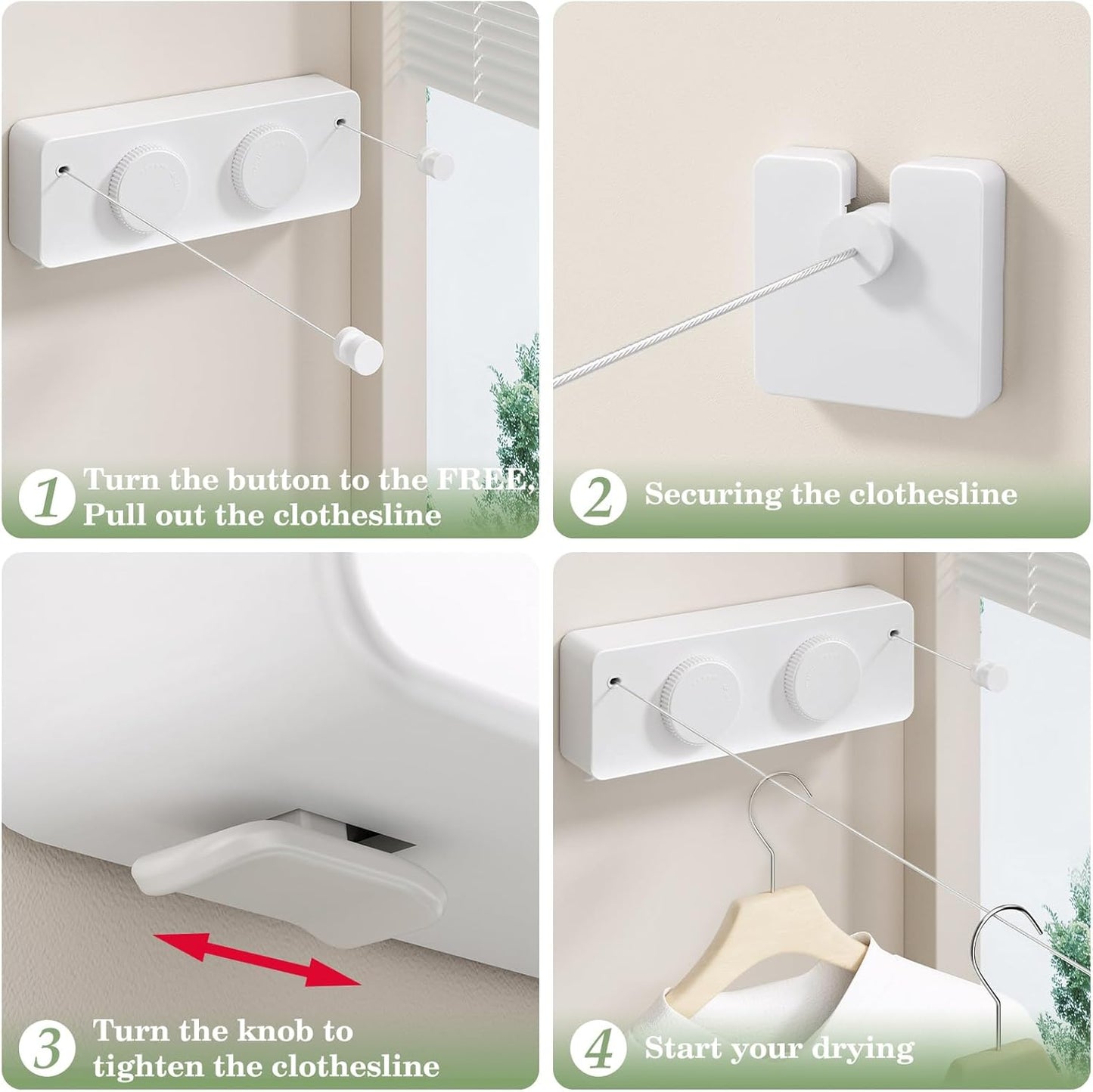 Danpoo Retractable Clothesline, Anti-Sag Adjustable Knob Heavy-Duty Clothes Line for Indoors/Outdoors with 2 * 13.8ft Stainless Steel Wire, Laundry Wall Drying Solutions