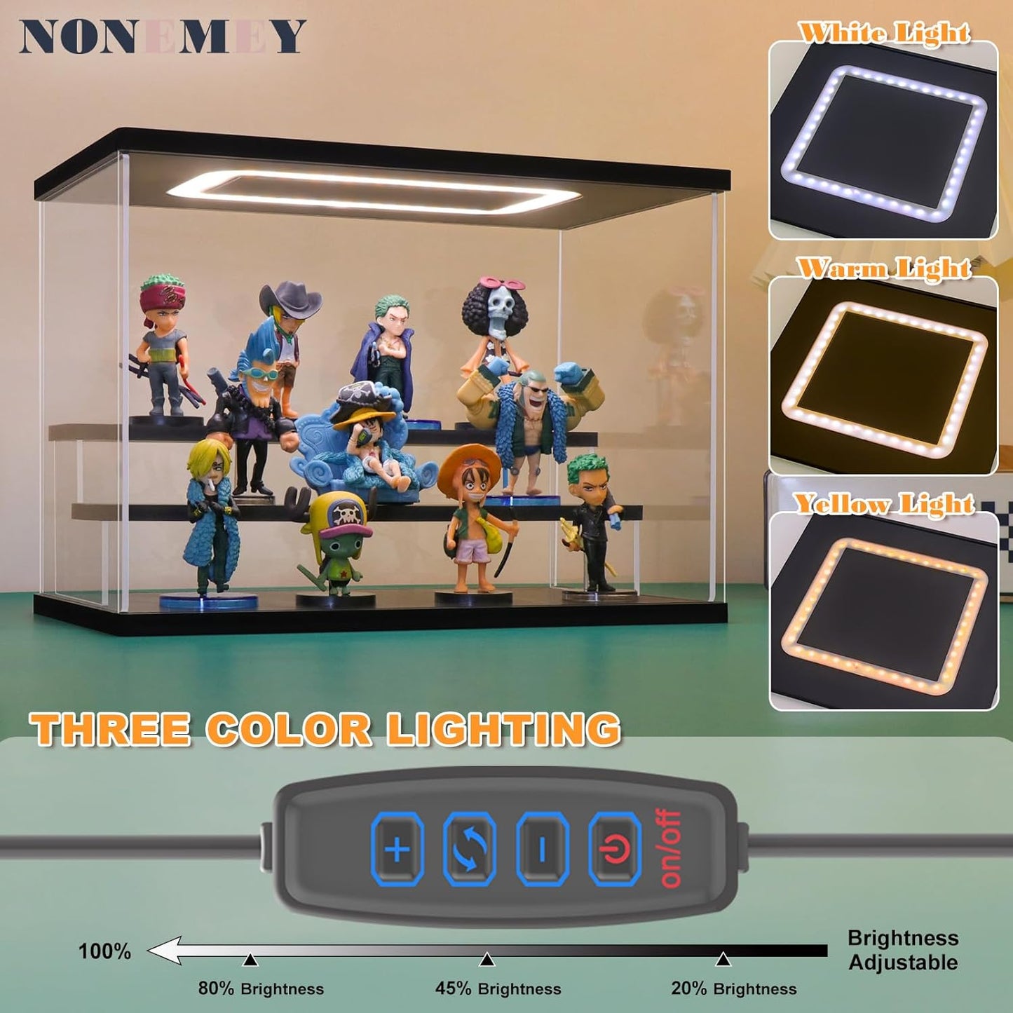 NONEMEY Clear Acrylic Display Case Stand with Led Light 2/3/4/5/6 Tier Storage Box Showcase Dustproof Organizer Box for Collectibles (3Tier 12.4*7*9inch)