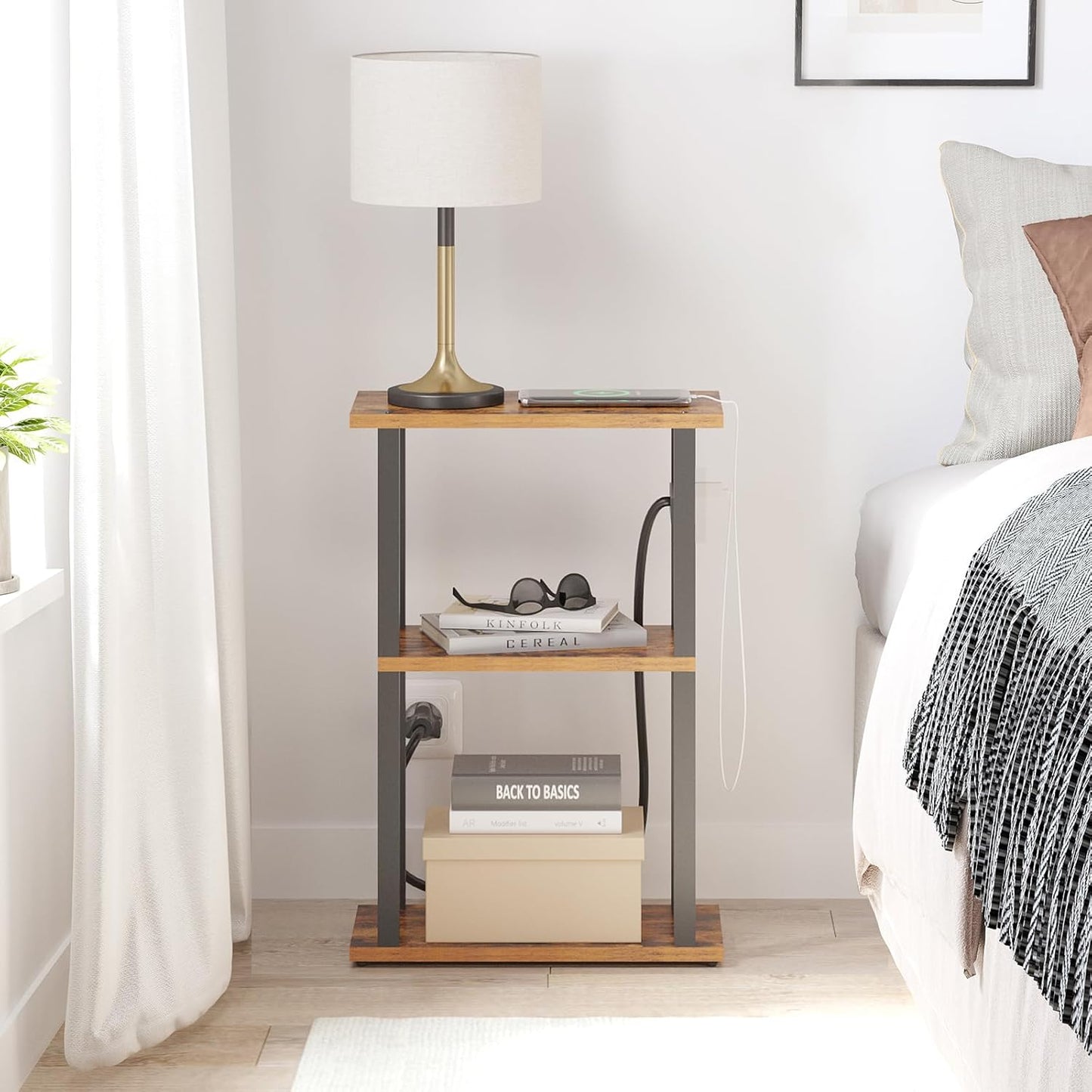 TUTOTAK Small Narrow Side Table with Charging Station, Skinny End Table for Small Spaces, Slim Nightstand with USB Ports and Outlet, Sofa Beside Table with Wheels, Brown TB01BB046