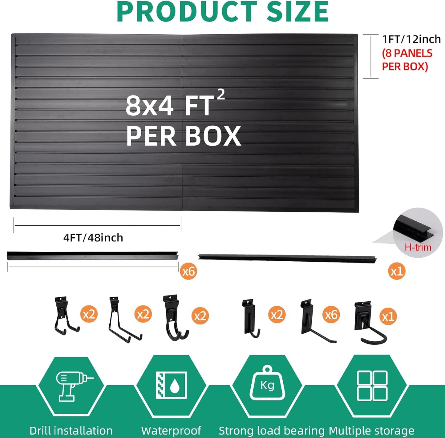Slatwall Panel Garage Slat Wall Storage Systems with 15 Slatwall Accessories, 4'x8' Black Slat Wall Paneling for Retail Display, Garage Tool Storage, Guitar Shop, Home Storage