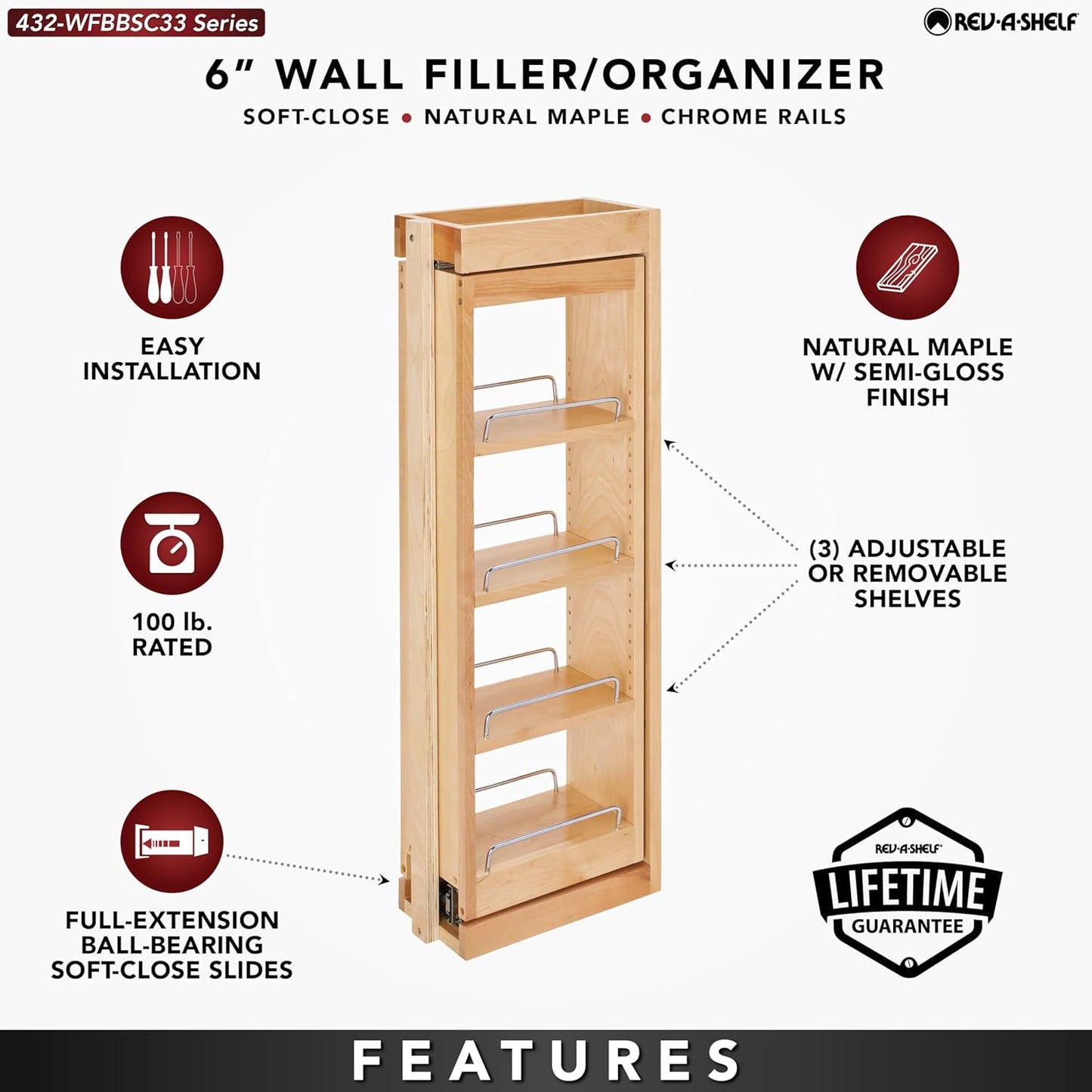 Rev-A-Shelf Kitchen Cabinet Pullout Wall Filler Wooden Organizer Slide Out Pantry Storage w/Soft-Close in Multiple Sizes, 6 x 33 in, 432-WFBBSC33-6C