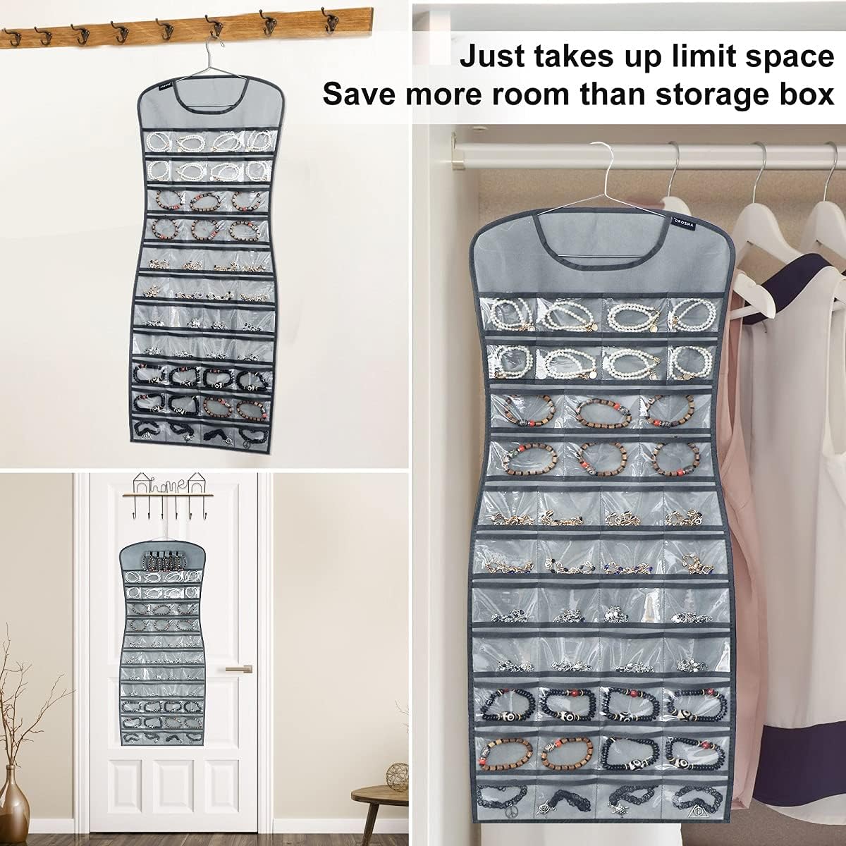 Hanging Jewelry Organizer Dual Sided 84 Clear Pockets and 6 Hook Loops Storage for Holding Jewelries Hair Accessories Dress Shaped Earring Holder (84 Pockets and 6 Hook Loops -Grey)