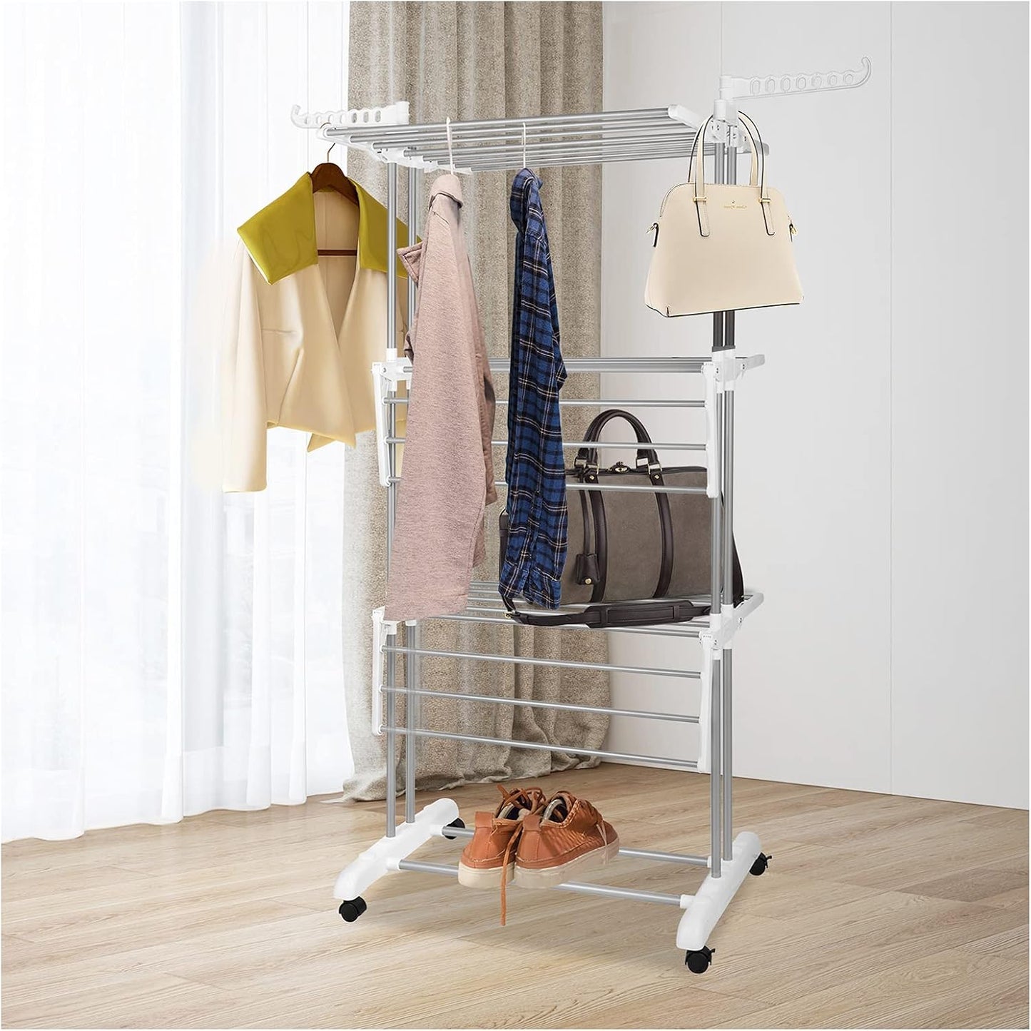 Bigzzia 3 Tier Folding Drying Rack Clothing Clothes Horses Rack Stainless Steel Laundry Drying Rack (Grey White, 4 Tier)