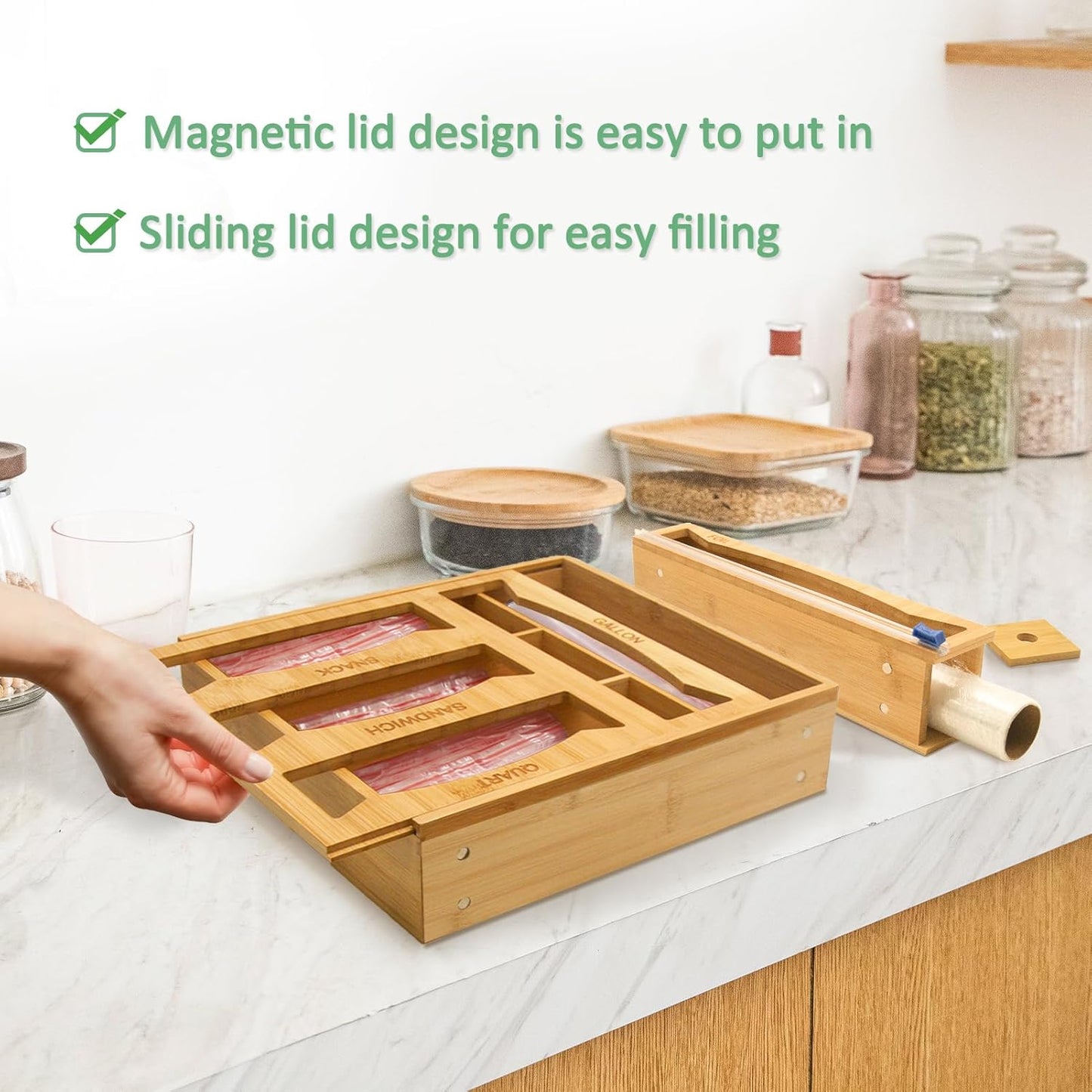 6-in-1 Magnetic Bamboo Drawer Organizer for Food Bags and Wraps Adjustable Compartment Storage with Dispenser and Cutter Fits Gallon Quart Sandwich and Snack Sizes