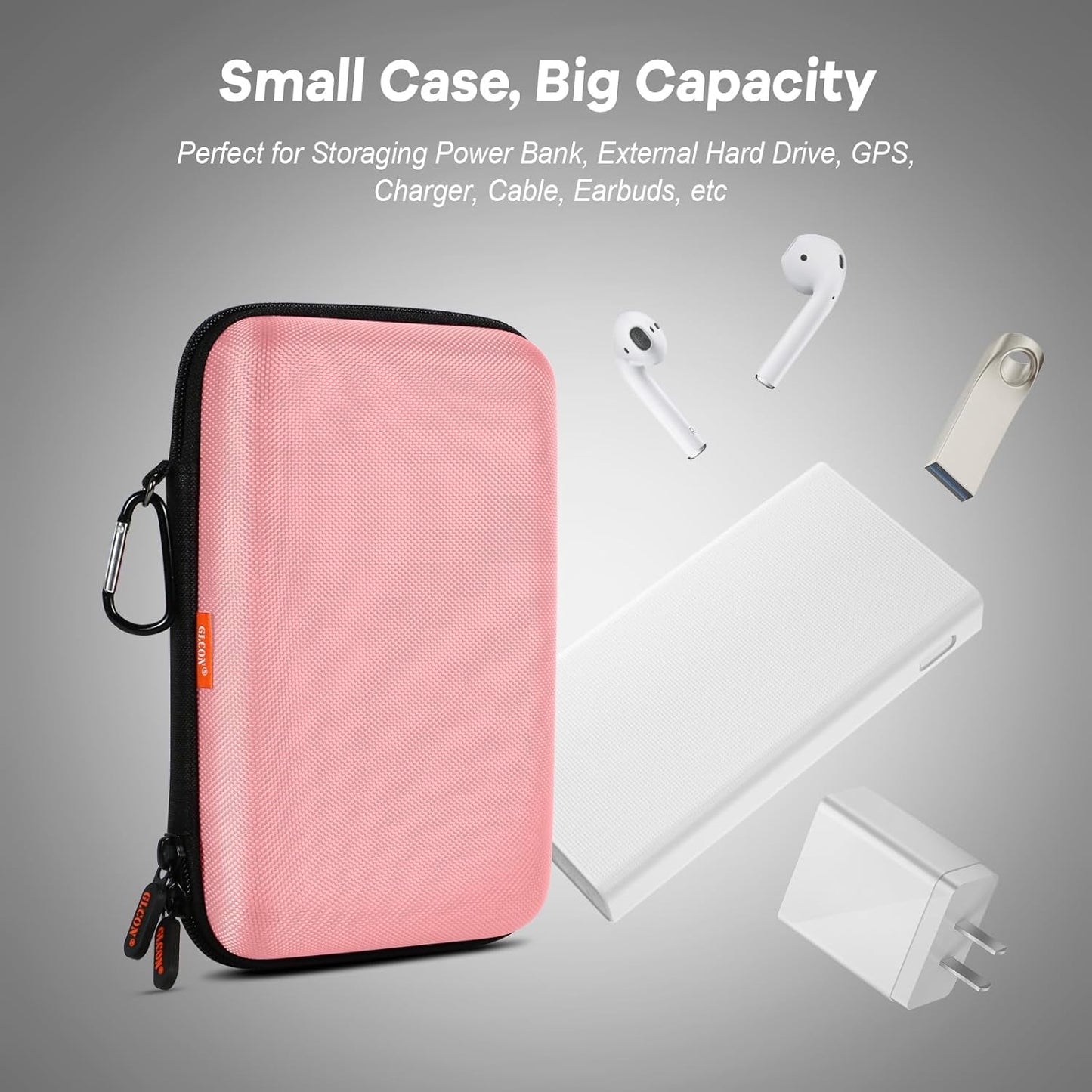 Large Hard Shell Carrying Case for External Hard Drive, Power Bank, Charger, Cable, Heart Monitor, Cell Phone, Electronic Accessories Organizer - Pink Storage Pouch Travel Bag for Girls, Women, Lady