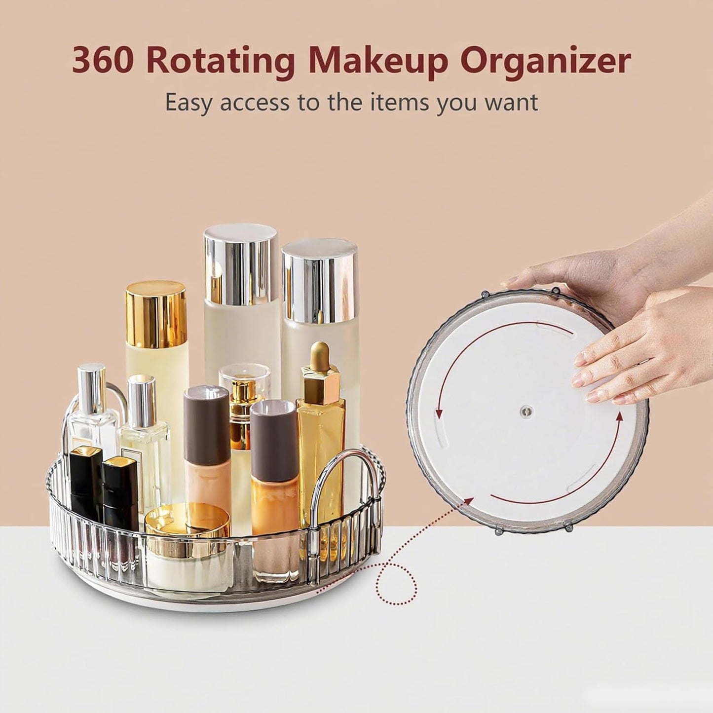 360° Rotating Makeup Organizer, Bathroom Make Up Spinning Holder Rack, Large Capacity Cosmetics Storage Vanity Shelf Countertop, Fits Cosmetics, Perfume, Skincare, Lipsticks(1 Tier, Gray)