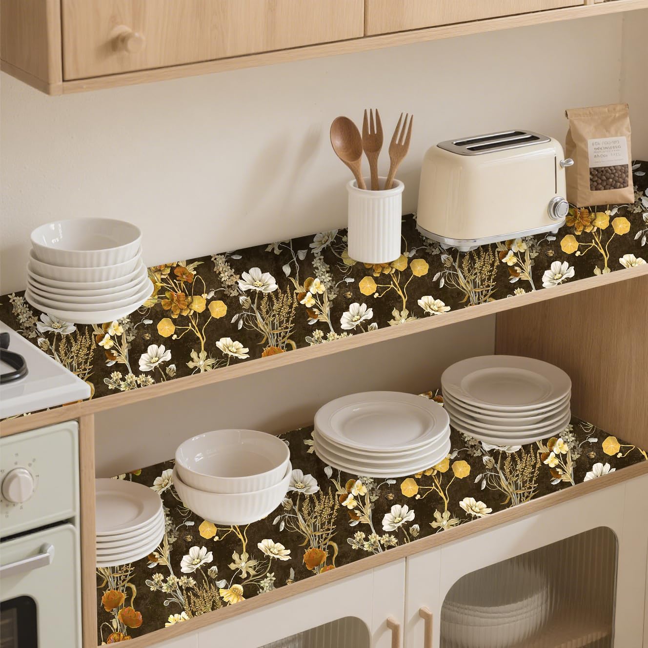 Floralplus Shelf and Drawer Liner, Self Adhesive Waterproof Floral Liner, Contact Paper for Kitchen Cabinet, Bathroom Countertop Cupboard Liners 17.7 x 78.7 in
