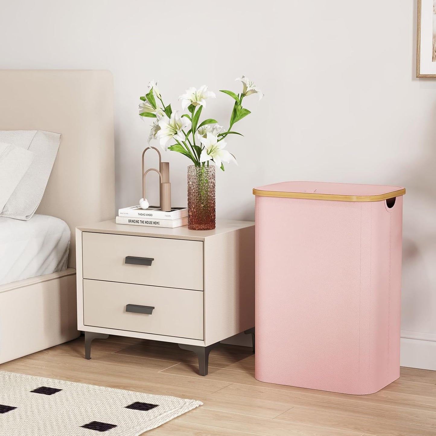 Lifewit 80L Laundry Basket with Lid, Clothes Hampers for Laundry with Bamboo Handles and A Removable Bag, Large Foldable Laundry Hamper for Bedroom, Bathroom, Dorm, Laundry Room, Pink