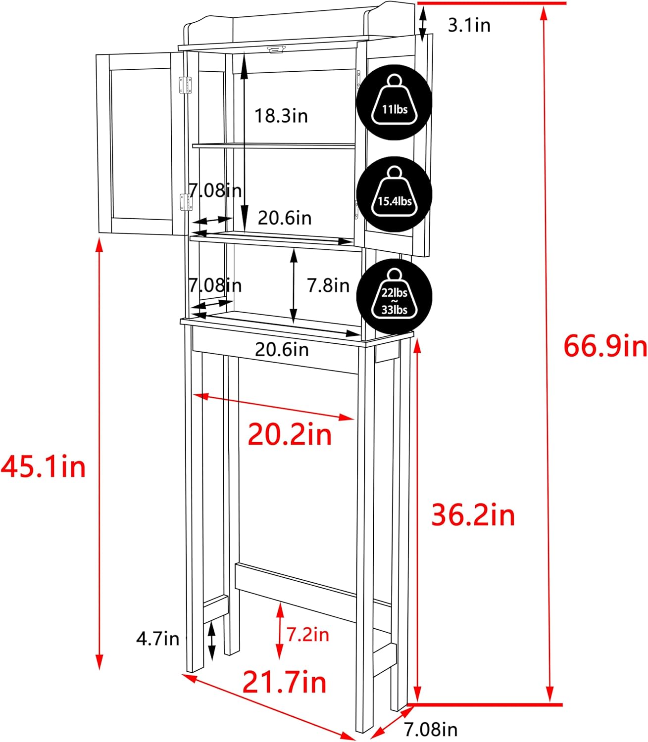 BlueWish Over The Toilet Cabinet, Bathroom Over Toilet Storage with Adjustable Shelves, Anti-toppling Design, Over Toilet Cabinet for Bathroom, Restroom, Laundry, Grey
