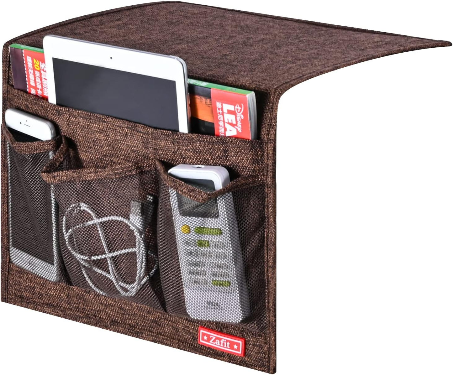Linen 4 Pockets Bedside Caddy, Bedside Storage Organizer for Magazine, Remotes, Phone (Coffee, Classic 4 Pockets)