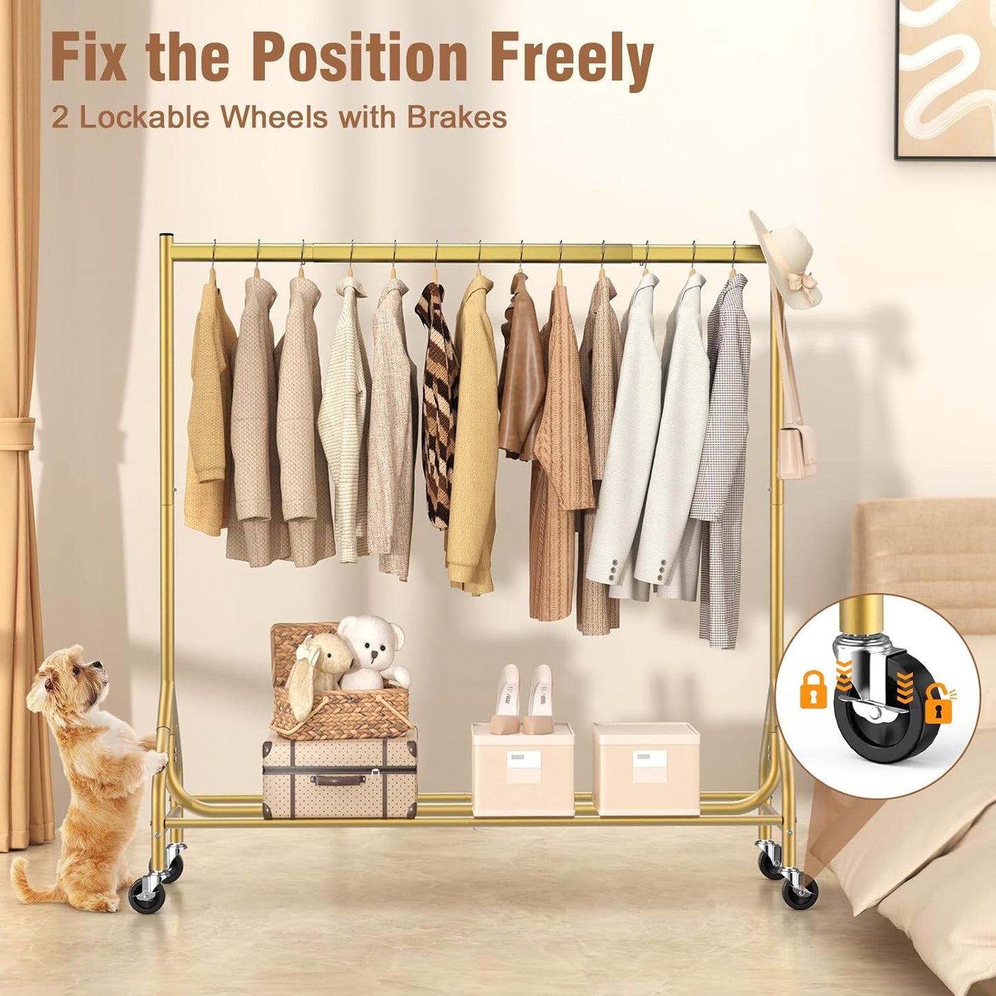 EAGMAK Heavy Duty Clothes Rack Load 420 LBS, Rolling Garment Rack with Lockable Wheels, Standing Metal Clothing Rack, Portable Wardrobe Sturdy Coat Rack for Hanging Clothes (Gold, 59″×18.9″×63″)