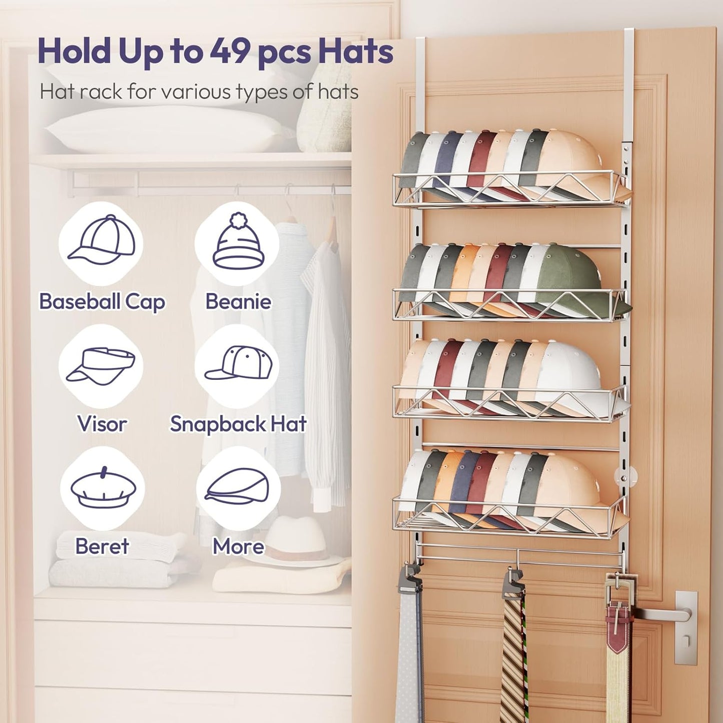 SWTYMIKI Over Door Hat Organizer - 5 Tier Wall Mounted Hat Rack with 4 Adjustable Metal Basket Heights Design and 3 Hooks, Baseball Cap Organizer Storage Holds up to 49 Caps for Door, Bedroom, Closet