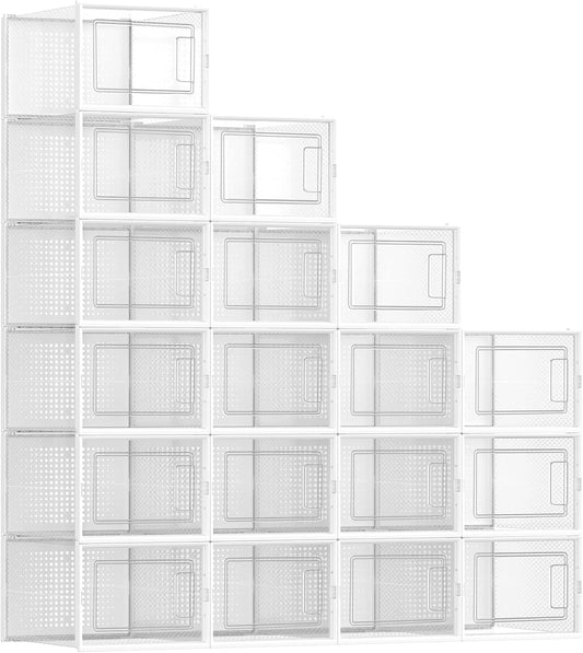 SONGMICS Shoe Boxes, Pack of 18 Shoe Storage Organizers, Stackable Clear Plastic Boxes for Closet, Sneakers, 13.7 x 9.9 x 7.4 Inches, Transparent and White ULSP18MWT