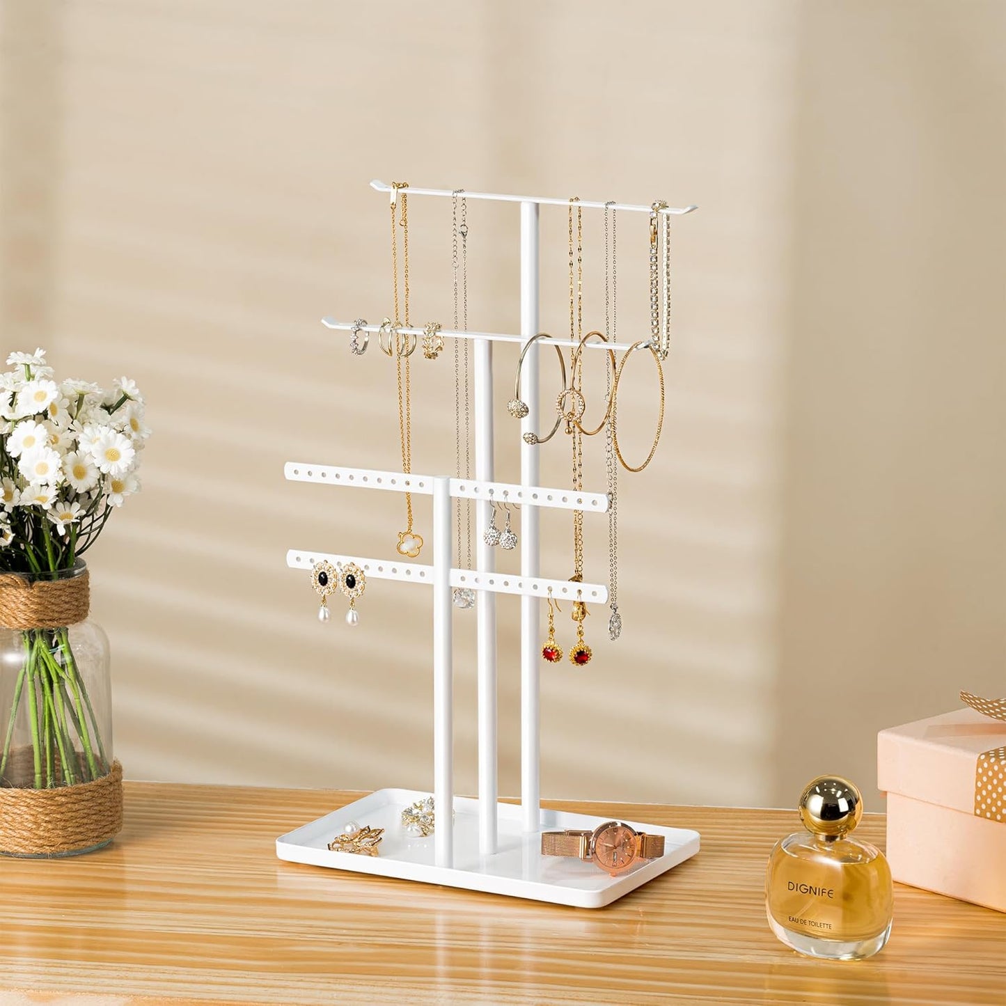 pickpiff Jewelry Stand Organizer, 14.5" Tall Sturdy Metal, 3-TierJewelry Holder for Necklace, Earring, Bracelet, Ring, Hanger for Display and Storage, Aesthetic Room Decor, White