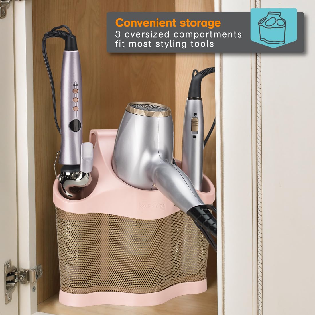 Polder Style Station, Hair Tool Organizer for Hair Dryer, Curling Iron, and Hair Straightener, Easy-to-Store Hair Styling Station, Blush and Bronze