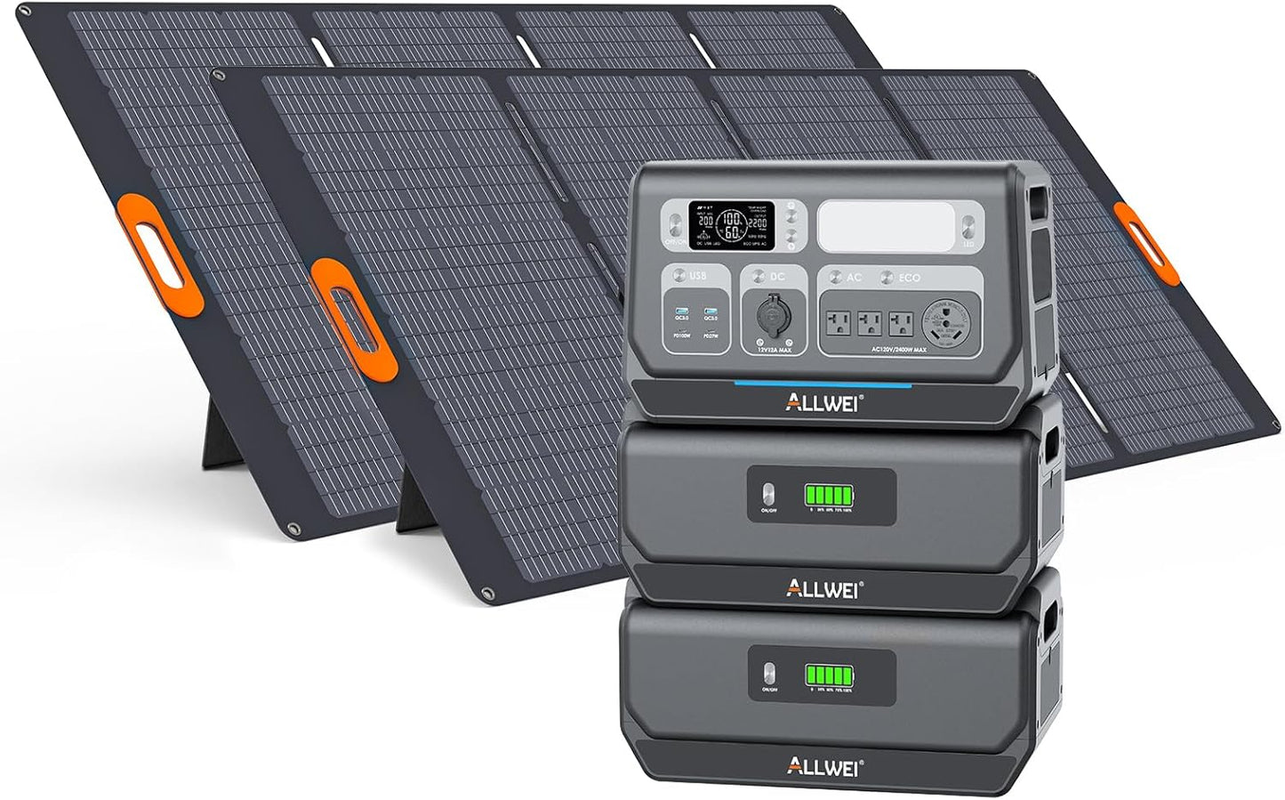 ALLWEI 2400W Portable Power Station (Surge 4800W) with 2x400W Solar Panel and 2x2048Wh Expansion Battery Included, 4 AC Outlet, LiFePO4 Battery Backup Generator for RV Camping Emergency Outdoor Home