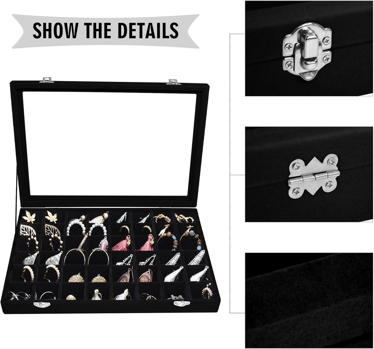Velvet Jewelry Tray 48 Grid Jewelry Display Tray Organizer Box with Transparent Lid Rings Earrings Necklaces Pendants Display Box Suitable for Women and Girls (Black)
