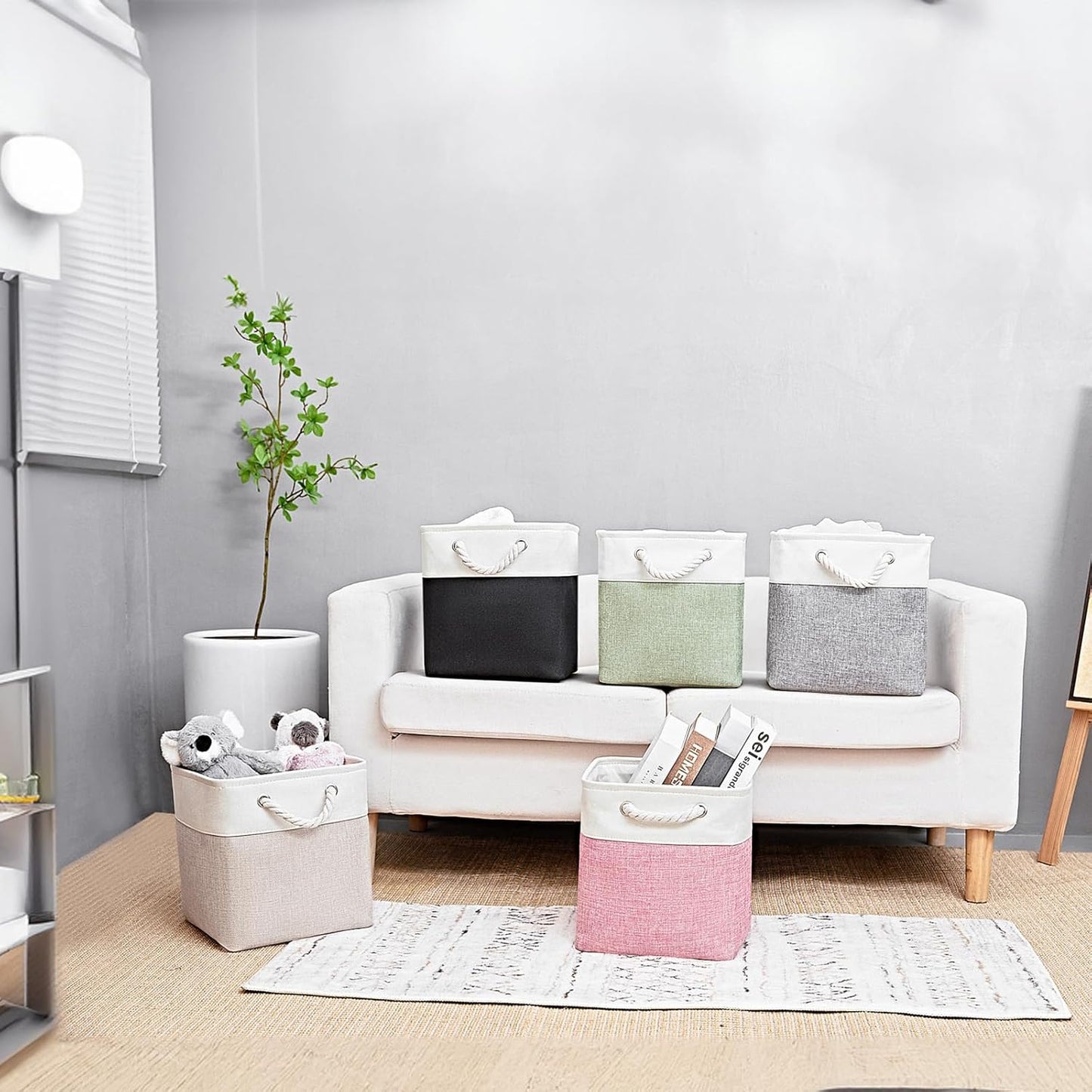 Fabric Storage Cubes, 11 inch cube storage bin with Handles, 11x11cube storage organizer bins, Collapsible Storage Bins for Shelves and Home, Cubby Storage Bins (White-Pink, 10.5x10.5x11in)