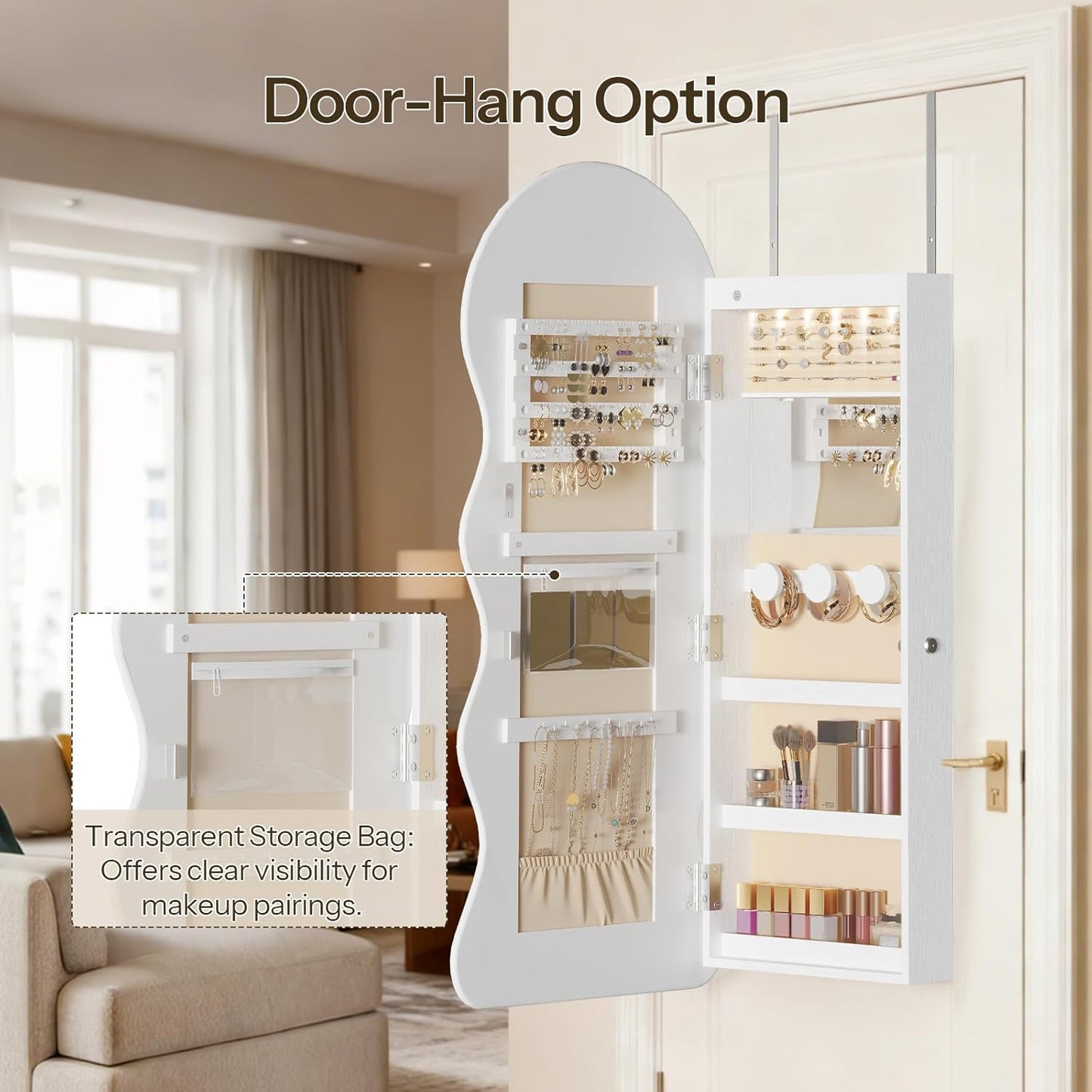 HOOBRO LED Mirror Jewelry Cabinet, Wall/Door Mounted Jewelry Organizer, Jewelry Aromire with Wavy Mirror Full Length, Lockable Cosmetics Storage Cabinet, Interior Mirror, 16.5" x 4.1" x 43.3", White