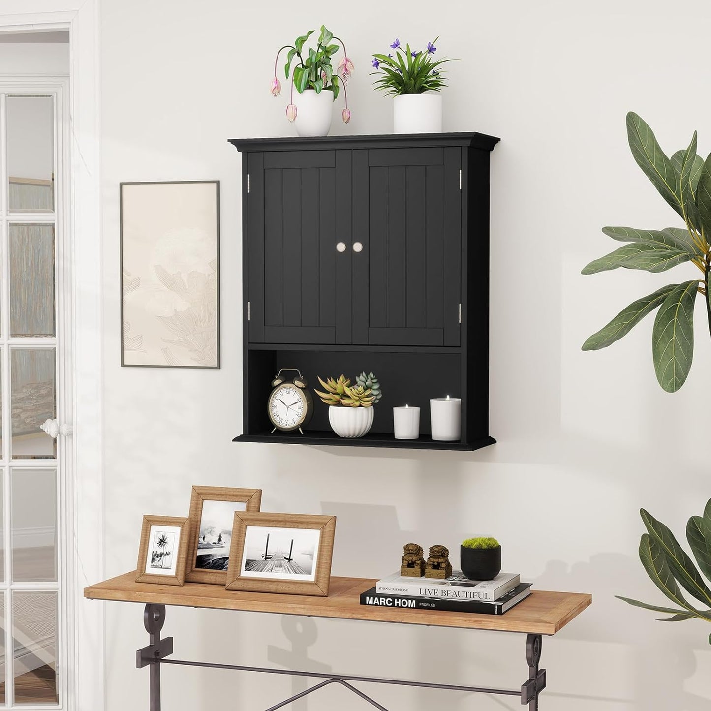 Tangkula Bathroom Wall Cabinet, Wooden Hanging Storage Cabinet with Doors & Shelves, Multipurpose Storage Cabinet for Restroom Kitchen Living Room, Wall Mounted Bathroom Medicine Cabinet (Black)