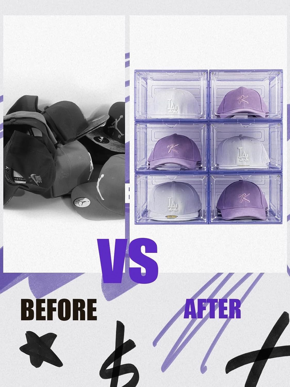 6 Pack Hat Organizer Box, Stackable Clear Baseball Caps Holder Box Containers with Magnetic Door for Hats Snapback Cap Storag, Hat Rack Display Case, Holds 8 Hats Each (Purple)