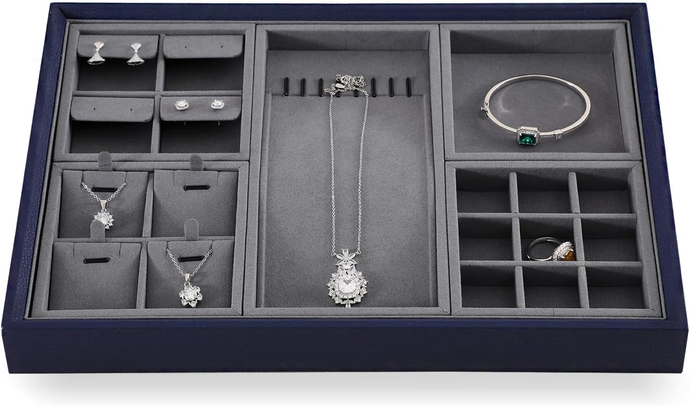 Dark Blue Jewelry Display Tray Ring Necklace Earring Bangle Organizer Multifunctional Storage Case for Jewelry Showcase (Long Necklace Tray)
