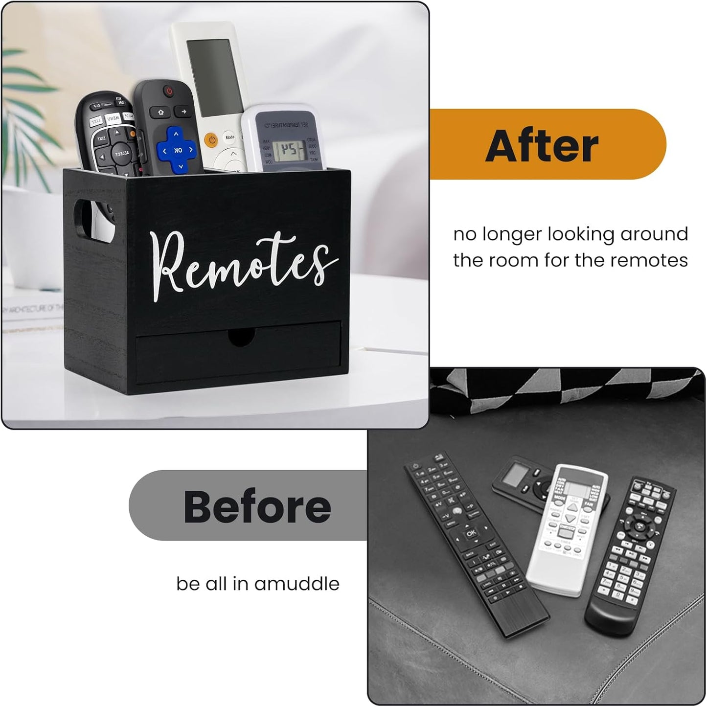 Remote Control Holder, Wooden TV Controller Holder, Desk Organizer with 2 Compartment and Drawers for TV & Office Supplies, Ideal for Tabletop (Black)