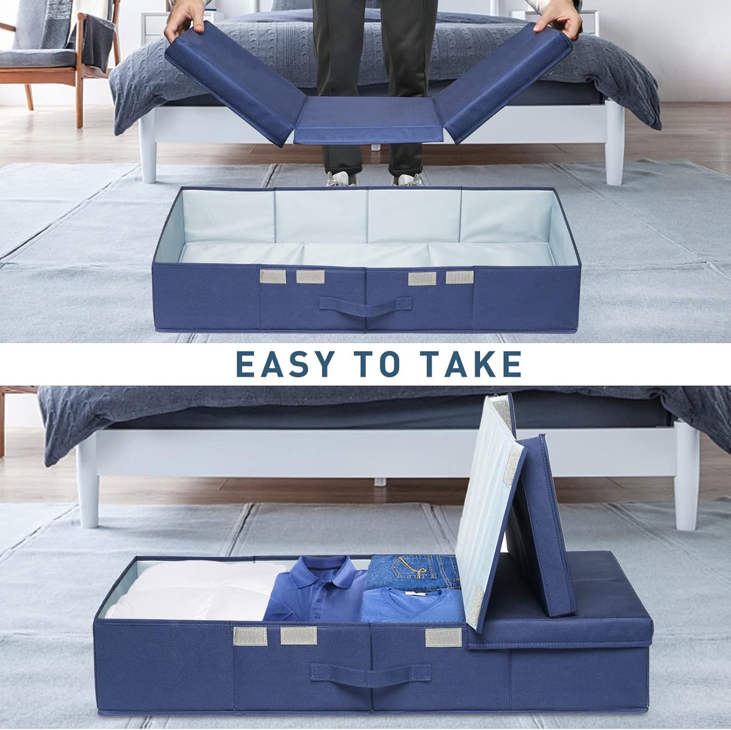 punemi Under Bed Storage Containers, 2 Pack Under Bed Organizer With Lids, Long Flat Stackable Clothes Storage Bins Large Underbed Storage, Organization and Storage Closet For Toys Blankets, Navy