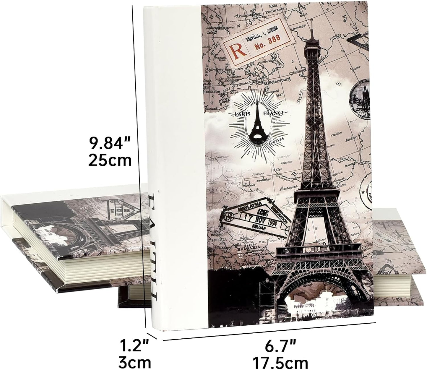 Decorative Books for Decor, Contemporary Faux PU Leather and Wooden Storage Boxes Set of 3, Vintage Keepsake Box for Home, Living Room, Shelves (Faith Hope Trust, Eiffel Tower, Paris)