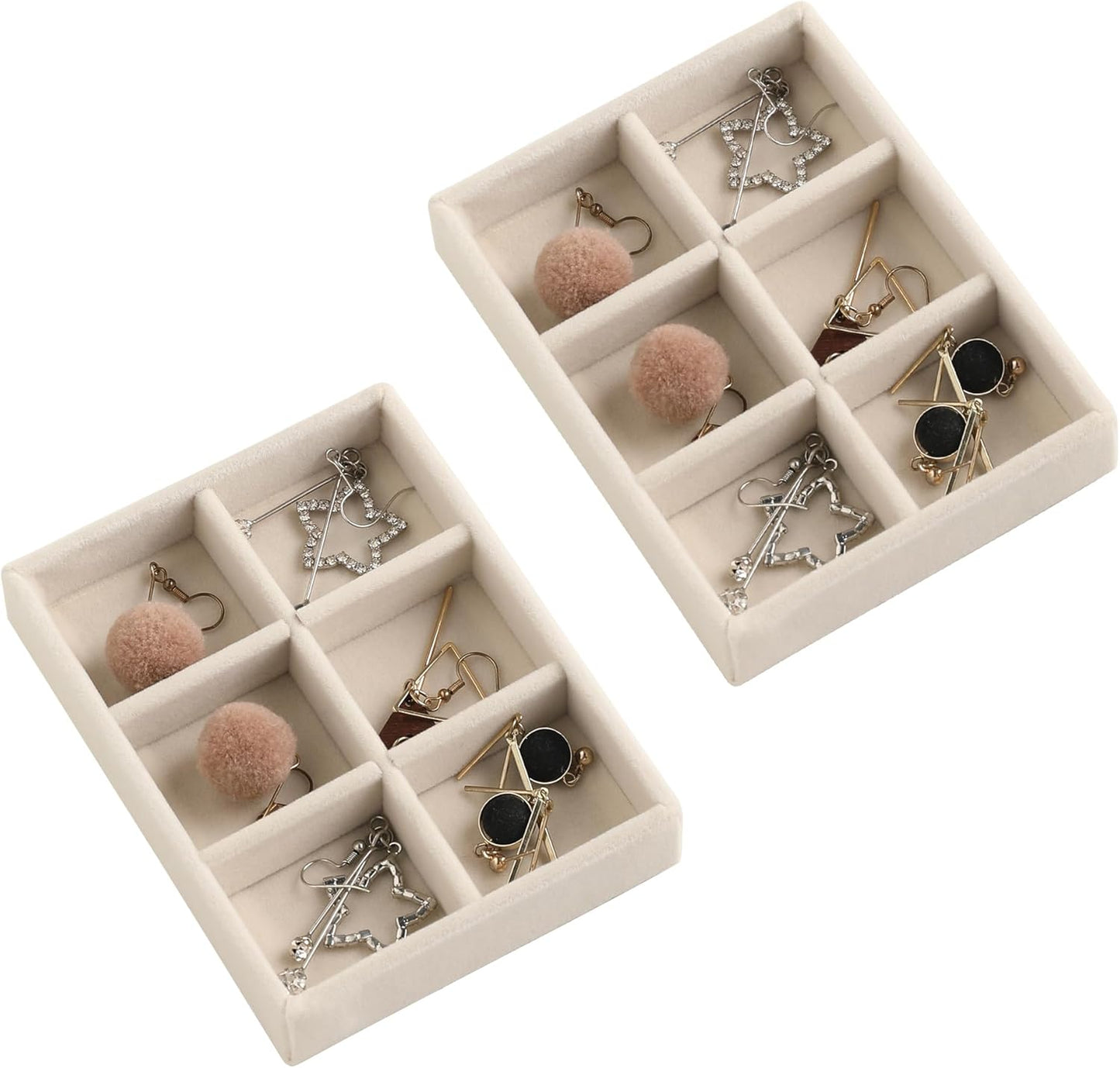 Frebeauty Small Jewelry Tray Set,Stackable Velvet Jewelry Organizer Tray,Mini Jewelry Drawer Organizer,Drawer Inserts,4.92 x 3.74 x 0.9 Inches,6 Grid Earring Organizer for Women(Set 2,Beige)