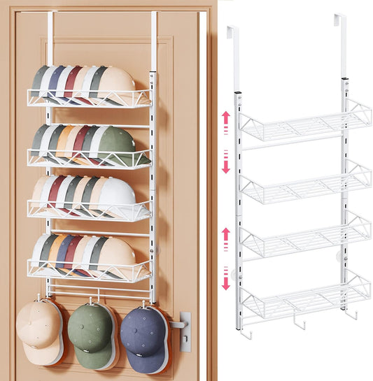 SWTYMIKI Over Door Hat Organizer - 5 Tier Wall Mounted Hat Rack with 4 Adjustable Metal Basket and 3 Hooks, Hanging Baseball Cap Organizer Storage Holds up to 49 Caps for Door, Bedroom, Closet