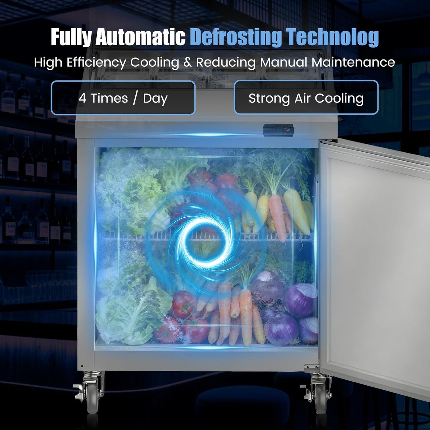 29" W Commercial Refrigerator Sandwich Salad Prep Table, Stainless Steel 1-Door Sandwich Prep Table Refrigerator, Counter Fan Cooling Refrigerator with 8 Pans for Restaurant, Bar