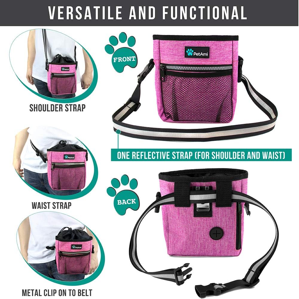 PetAmi Dog Treat Pouch, Pet Treat Pouch for Training, Dog Walking Bag Holder for Kibbles, Pet Food Toy, Dog Trainer Essentials Supplies, Poop Bag Dispenser, 3 Ways to Wear (Pink)