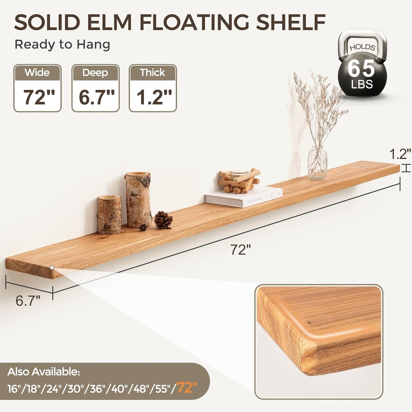 Fun Memories 72 Inch Floating Shelves for Wall, Solid Elm Wood Wall Shelf for Home Decor, Heavy-Duty Hardwood Floating Shelf for Bedroom, Bathroom, Living Room, Set of 1