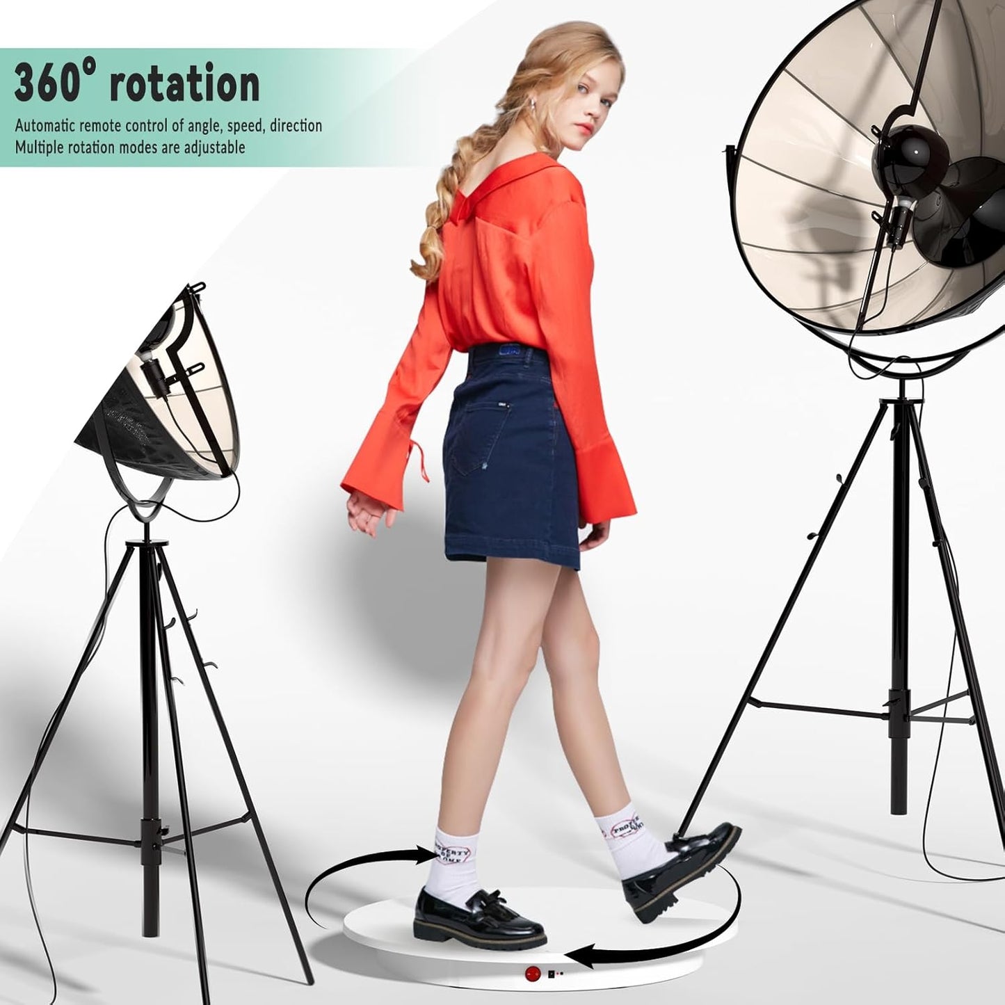 JAYEGT Motorized Rotating Display Stand, 350Lbs Load，360 Degree Electric Rotating Potography Turntable for Products Display，Live Show， Remote Control +5 Colors Backgrounds (White/23.6Inch/Wired)