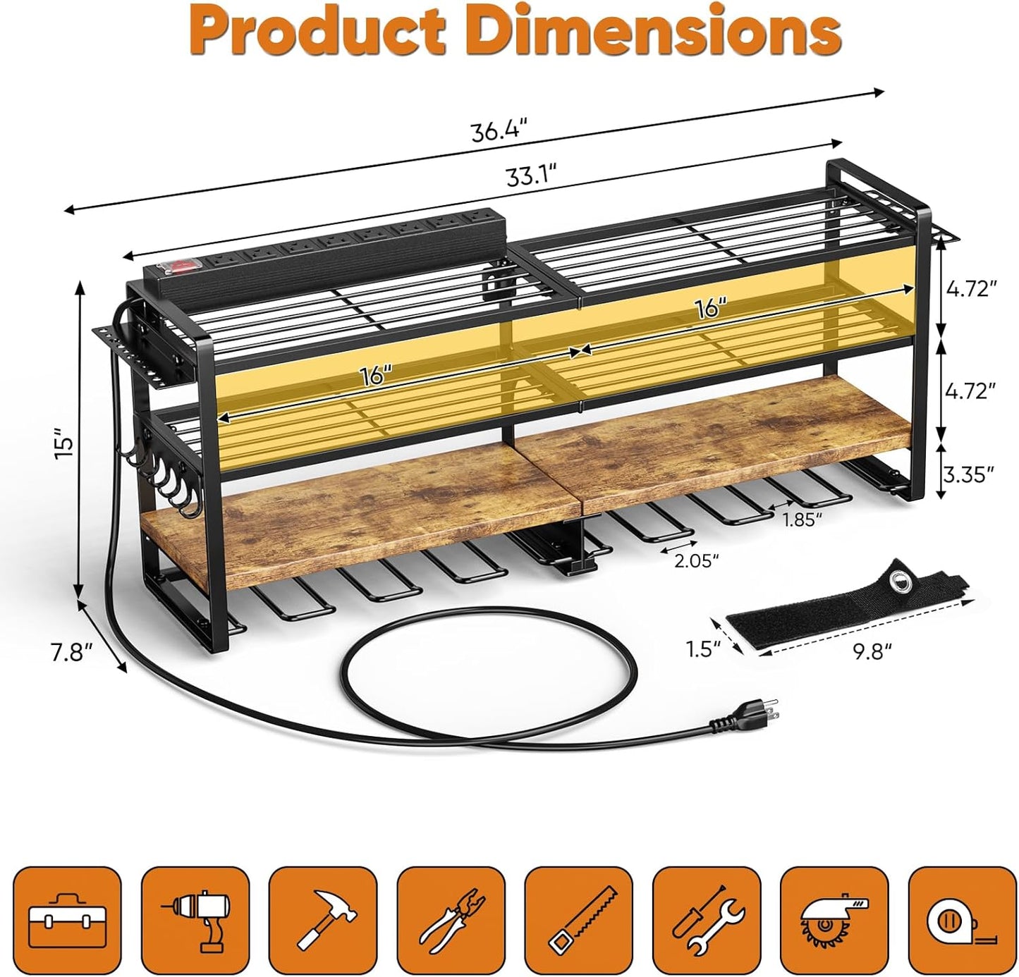 Large Power Tool Organizer with 8 Outlet Charging Station, Loads 600lbs, 4 Layer Heavy Duty Utility Rack Holds 8 Cordless Drills, Wall Mount Tool Battery Garage Storage Shelf, Gift for Men
