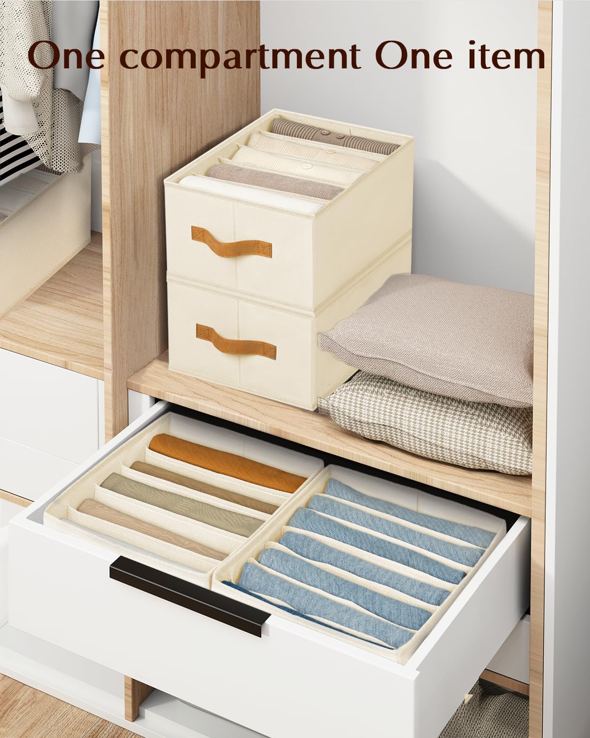 Clothes Organizers and Storage - 4/5/7 Grids Fabric Jeans Organizer with Handles, Foldable Closet Organizers Dividers, Wardrobe organizer for Pant, Sweater, T-shirt, Scarf, 3 Pack, Beige