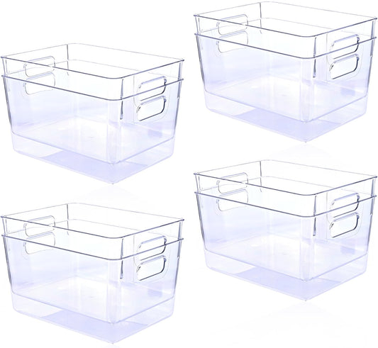 MOONEDGE Open Clear Plastic Storage Bins Stackable Organizer Containers with Handles for Kitchen, Pantry, Fridge, Cabinet, Closet Storage & Home Organization 8 Pack（11 x 8 x 6 in）