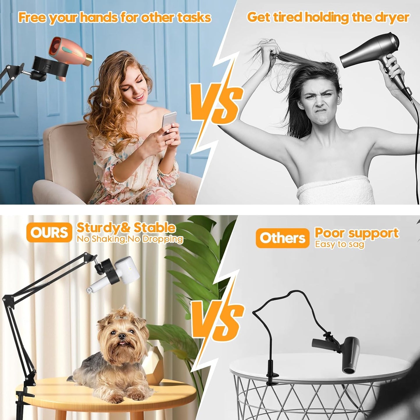 Black Dog Hair Dryer Holder - 360° Rotating Hands-Free Stand with Adjustable Clamp for Blow Dryers,3-in-1 Holder for Pet Hair Dryer, Tablet, and Phone Holder,Flexible, Sturdy, Safe