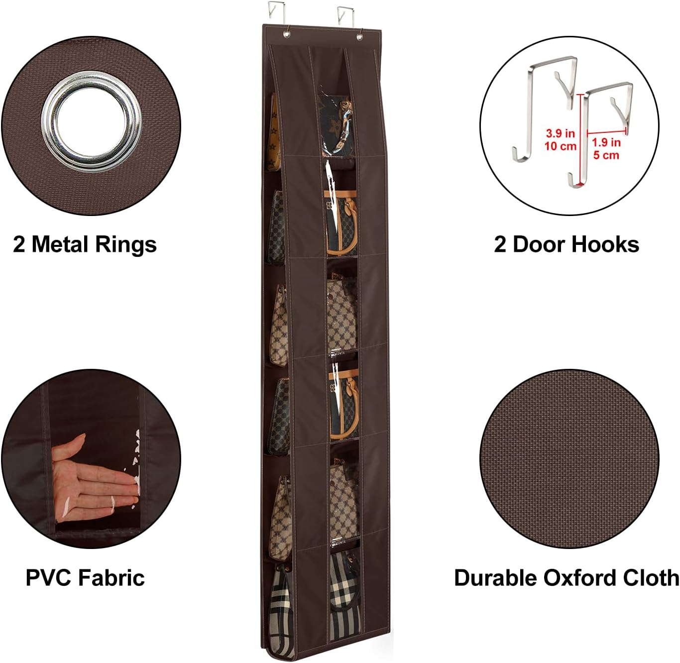 Lirex Over The Door Organizer, 2 Pack Handbag Storage with 6-Tier Space-Saving for Door or Closet, Handbag Hanger, Dark Brown